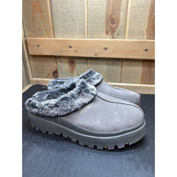 Skechers Womens Fortress Clog Slippers Charcoal Grey Faux Fur Size 9 - Picture 1 of 7